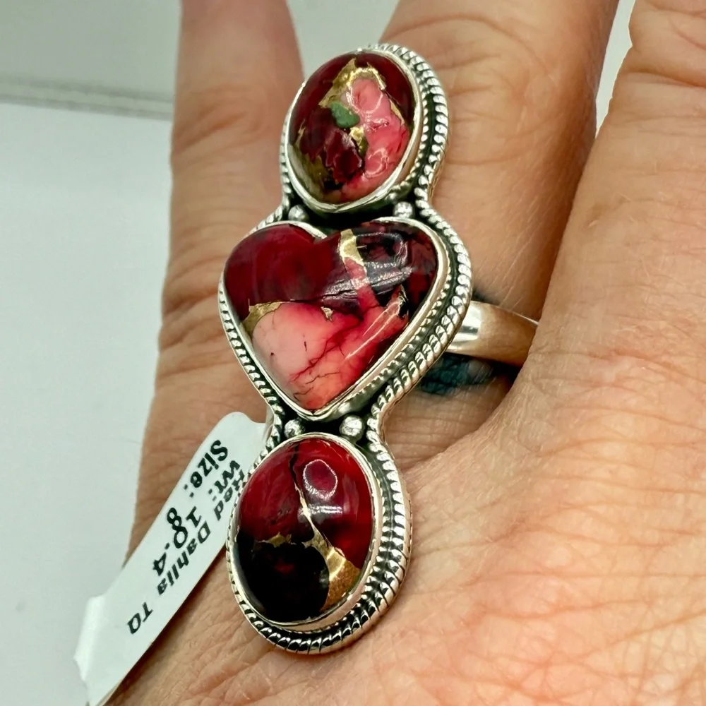 Sterling Silver Red Dahlia Turquoise Triple Stone Statement Ring – Size 8 (10.4g